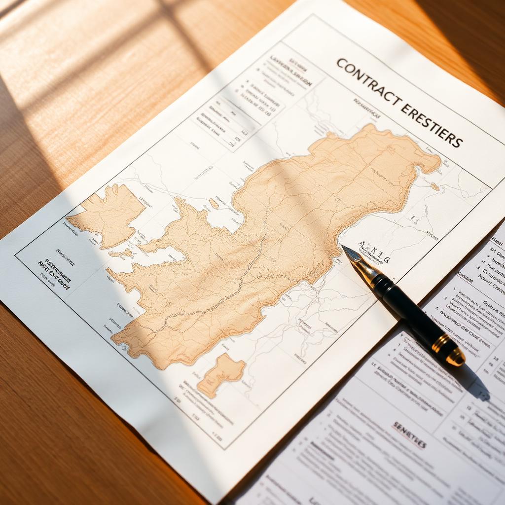 Land contract and survey map on a desk